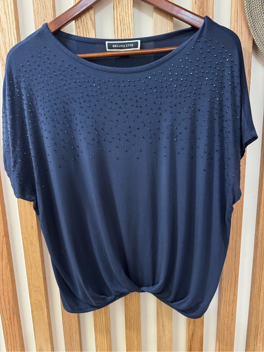 Melanie Lyne Navy Blue Rhinestone Beaded Twist Front Top Medium